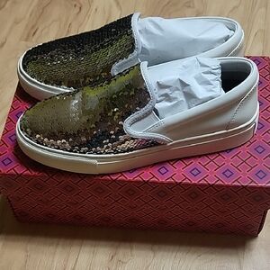 Tory Burch Sequin Slip-On Sneakers - Gold and White